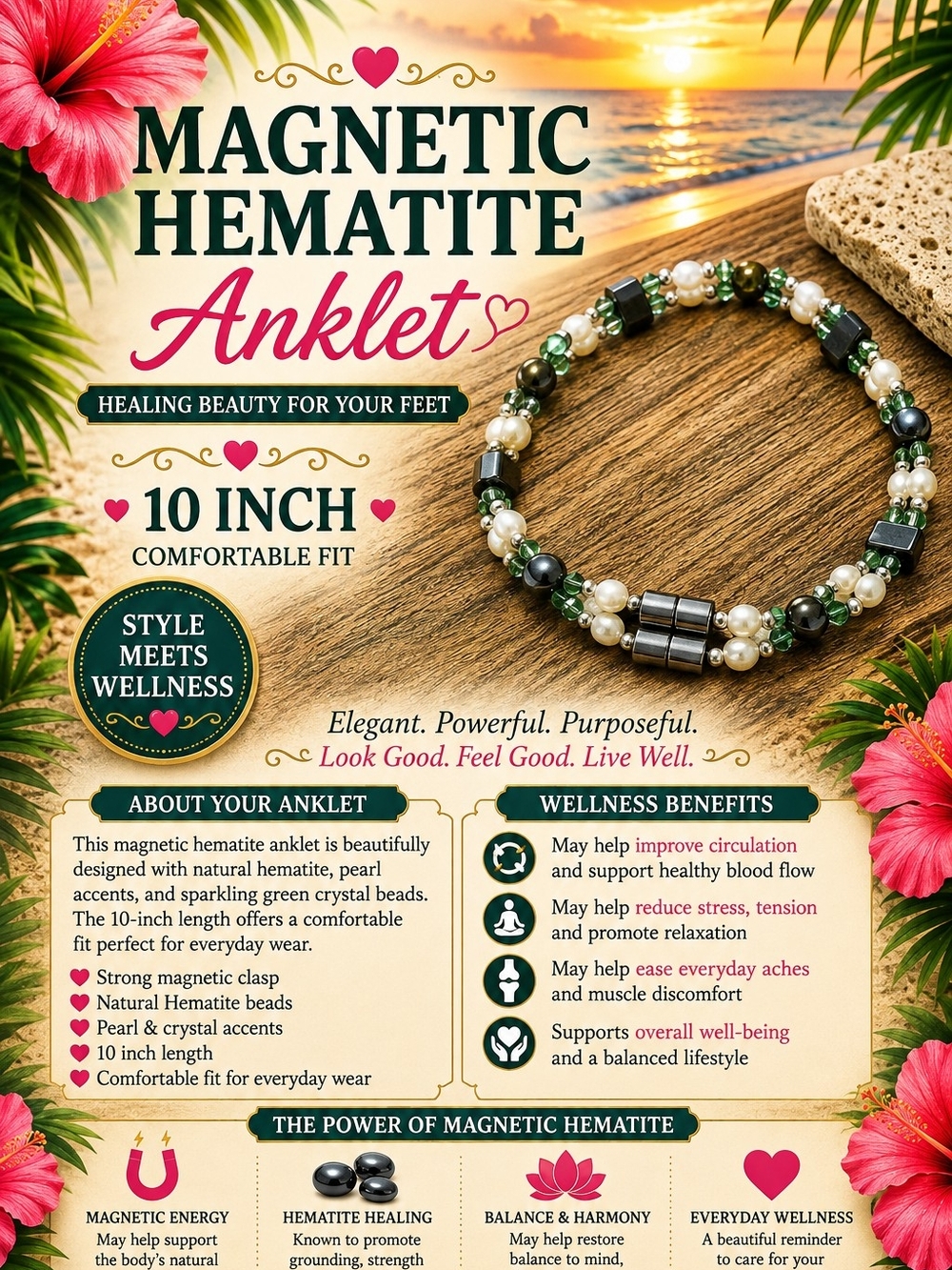 31.  Magnetic Hematite Anklet with Green Crystal & Pearl Accents - 10"